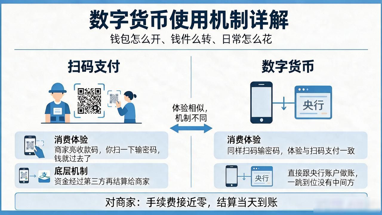 数字货币使用机制详解:钱包怎么开、钱怎么转、日常怎么花